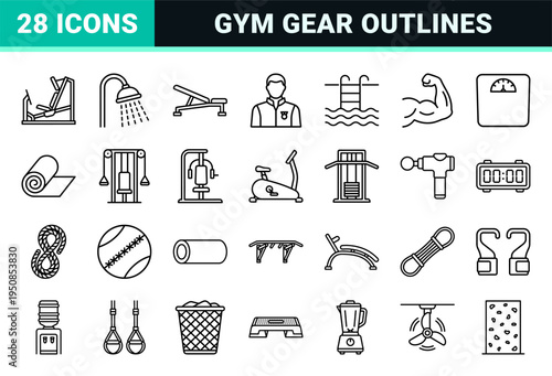 Gym and Fitness Equipment Monoline Outline Symbols Featuring Workout Gear Exercise Machines and Wellness Signage for Commercial Digital Interfaces