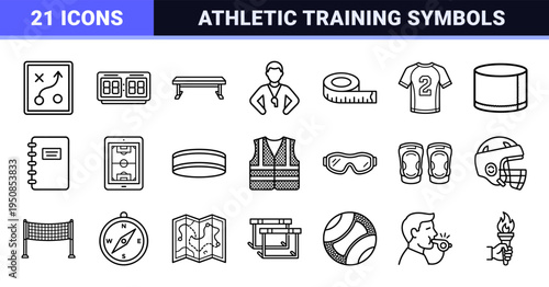 Athletic Coaching and Sports Management Monoline Outline Symbols Featuring Refined Technical Visual DNA for Physical Education and Team Training