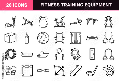 Professional Athletic Gear and Fitness Equipment Symbols Featuring Minimalist Monoline Outlines and Sophisticated Technical Visual DNA.