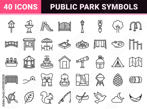 Outdoor Recreation and Public Park Monoline Outline Symbols for Environmental Wayfinding and Urban Leisure Design