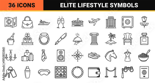 Elite Lifestyle Monoline Symbols Featuring High-End Assets and Wealth Management Imagery in a Sophisticated Minimalist Vector Outline Style.