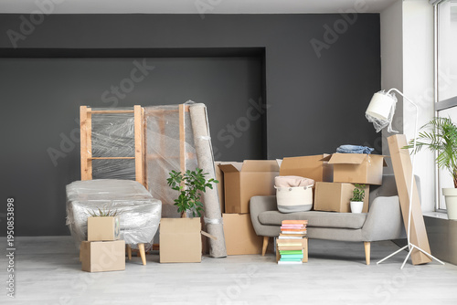 Sofa and cardboard boxes in...