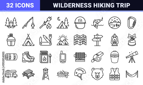 Outdoor Camping and Wilderness Adventure Monoline Symbols featuring Minimalist Aesthetic and High Legibility Technical Line Art Assets