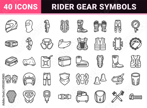 Motorcycle Safety Equipment and Rider Gear Technical Monoline Outline Symbols for Commercial Racing and Commuter Protective Apparel Utility
