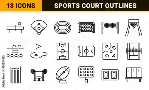 Athletic Venue Infrastructure and Sports Equipment Monoline Symbols Featuring Minimalist Court Outlines and Competition Gear for Wayfinding.