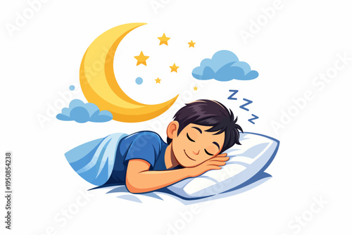 A boy sleeps peacefully on a pillow under a moonlit night sky with clouds and stars.