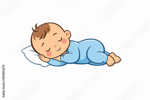Sleeping baby lies on pillow in blue pajamas in bedroom