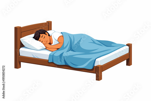 A person sleeps peacefully on a bed with a pillow and blanket indoors.