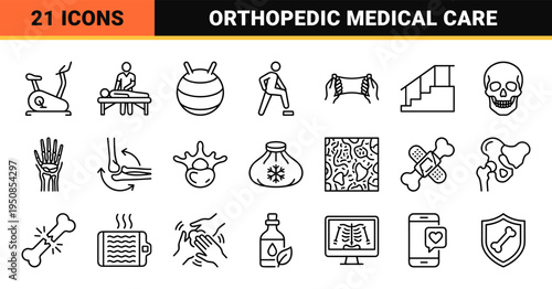 Orthopedic Surgery and Joint Health Medical Monoline Outline Symbols for Physiotherapy Rehabilitation and Bone Anatomy Clinical Documentation