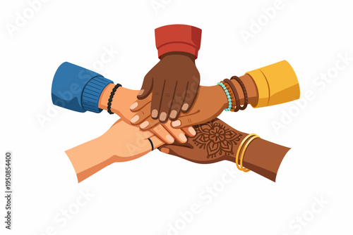 Diverse hands stack together in unity and solidarity outdoors