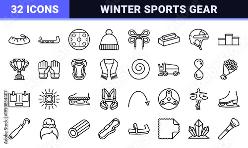 Ice Skating and Figure Skating Technical Monoline Outline Symbols Featuring Equipment Apparel and Rink Infrastructure for Winter Sports Design.