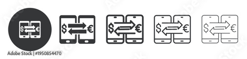 Mobile Currency Exchange thin line and solid icon. Multi series icon. Web minimal icon