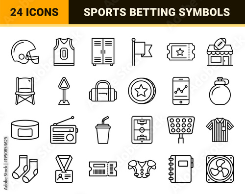 American Football Retail and Sports Betting Monoline Icons Featuring Minimalist Storefronts Stadium Equipment and Game Day Symbols