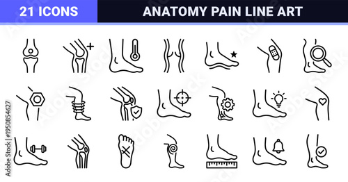 Medical Leg Pain and Vascular Health Outline Symbols Featuring Minimalist Monoline Anatomy for Orthopedic and Physiotherapy Diagnostic Apps