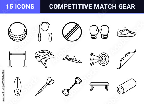 Professional Athletic Equipment and Competitive Sports Symbols Featuring Monoline Outlines for UI Design and Coaching Analytics Tools.