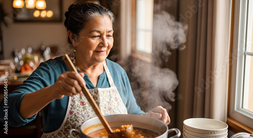 An elderly lady cooking a warm healthy meal near a sunny window