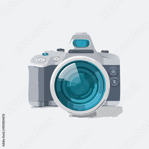 Digital camera with a blue lens on a white background.