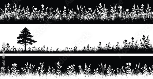 Set of horizontal banners with black and white meadow grass silhouettes, wild flowers, herbal field borders, and pine tree landscapes.