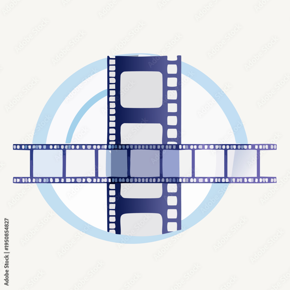 Fototapeta premium Stylized illustration of vintage film strips crossing over a circular blue background.