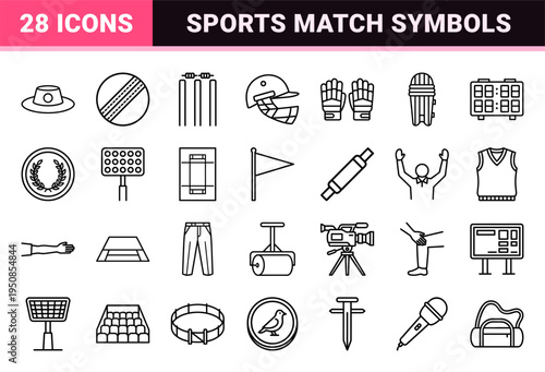 Professional Cricket Equipment Monoline Symbols Featuring Minimalist Bat Ball Stumps and Umpire Signals for Technical Sports Interface Design