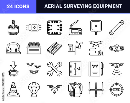 Commercial Drone Technology and UAV Systems Monoline Outline Icons for Professional Logistics Surveying and Aerial Photography Infrastructure