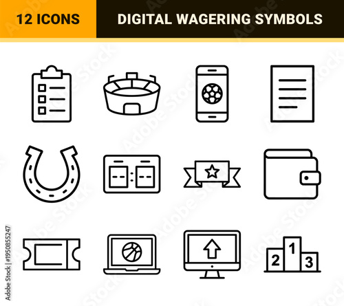 Online Sports Betting Monoline Icons Featuring Gambling Analytics and Wagering Interface Symbols in Sophisticated Minimalist Vector Style