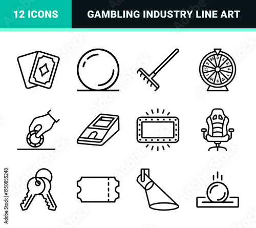 Casino Gaming and Poker Night Monoline Symbols Featuring Playing Cards Gambling Chips and Betting Equipment in Minimalist Technical Line Art Style