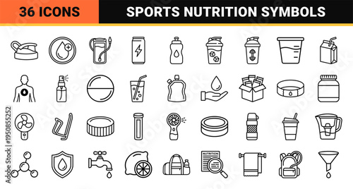 Professional Fitness Hydration and Sports Supplement Monoline Icons Featuring Energy Drinks, Shaker Bottles, and Electrolyte Symbols in Technical Line Art Style.