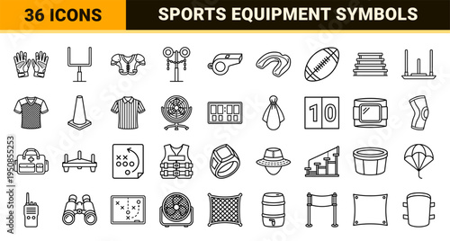 American Football Equipment Monoline Symbols for Sports Broadcasting Strategy and Professional Athletic Training Technical Line Art Aesthetics