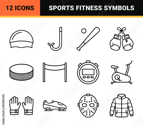 Professional Athletic Equipment Line Symbols for Sports Apps and Digital Fitness Tracking Interfaces Featuring Minimalist Monoline Geometry
