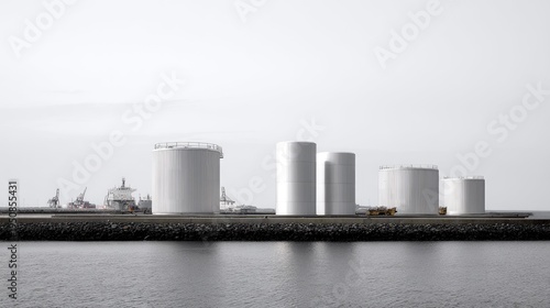 Industrial Storage Tanks Along the Seaside with Calm Water and Port Background in Monochrome Style