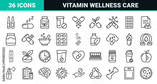 Pharmaceutical Supplement and Wellness Line Art Symbols featuring Medical Vitamins, Herbal Capsules, and Healthcare Minimalist Monoline Aesthetic