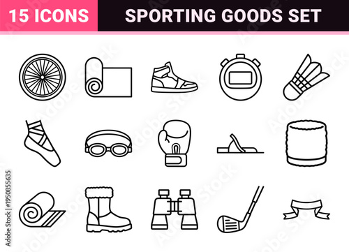 Athletic Footwear and Sporting Goods Monoline Symbols Featuring Minimalist Sneaker Outlines and Gym Equipment in Sophisticated Neo-Line Art Style