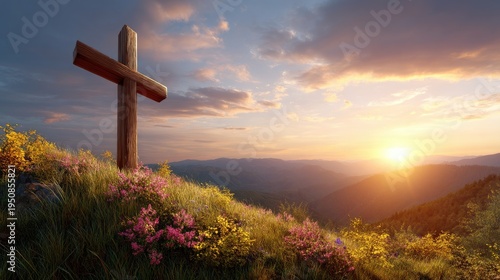 Beautiful Sunrise Landscape with Wooden Cross Surrounded by Vibrant Wildflowers in Serene Mountain Setting