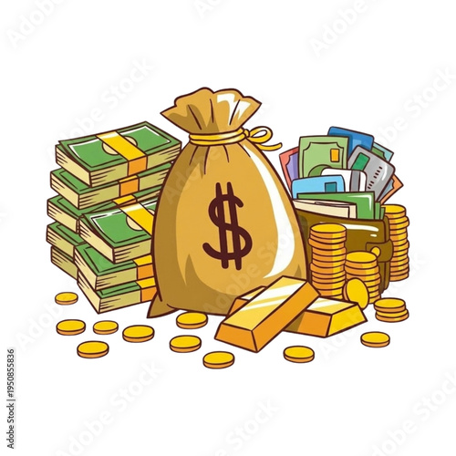 Wealth and Money Assets Illustration with Cash, Gold Bars, and Coins