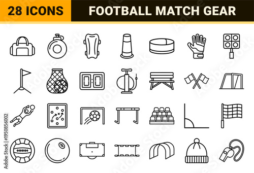 Soccer Equipment and Football Field Essentials Monoline Icon Set Featuring Minimalist Geometric Outlines for Professional Sports Analytics.