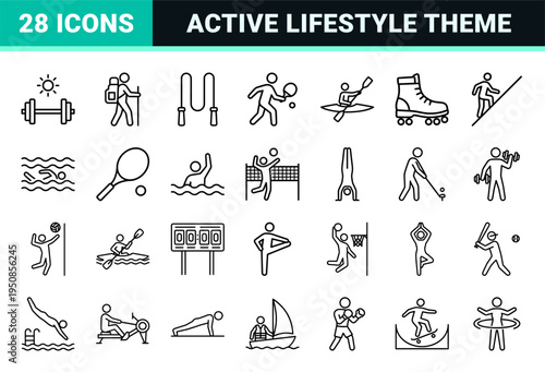 Outdoor Summer Sports Monoline Linear Graphics for UI Design Featuring Minimalist Athletics Fitness and Wellness Symbols in Crisp Black Outlines