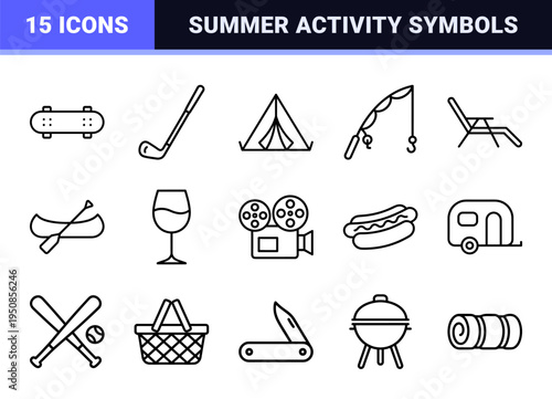 Outdoor Recreation and Summer Hobby Monoline Symbols Featuring Minimalist Camping Sports and Leisure Elements in Sophisticated Neo-Line Style