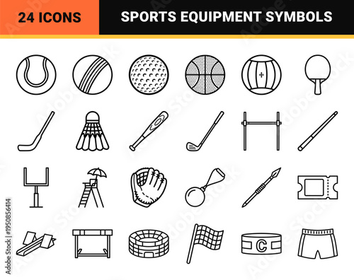 Professional Athletic Equipment and Stadium Facility Monoline Symbols Featuring Minimalist Sports Gear and Tournament Management Outline Graphics
