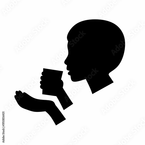 Vector silhouette of a woman taking a pill. A woman's head with an open mouth and a hand holding a circular pill and a glass of water. Isolated on a white background.