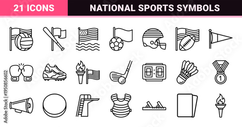American Sports Competition Monoline Symbols Featuring United States Flag Aesthetics and Athletic Equipment in Minimalist Technical Line Art Style