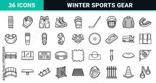 Ice Hockey Equipment Technical Monoline Symbolism featuring Professional Gear and Rink Infrastructure in a Minimalist Vector Outline Aesthetic