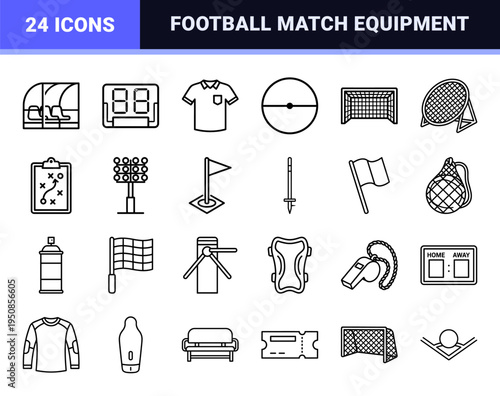 Football Pitch Markings and Stadium Infrastructure Technical Monoline Symbols. Minimalist Soccer Field Layouts and Match Day Equipment Outlines.