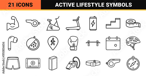 Minimalist Fitness and Wellness Monoline Symbols for Digital Tracking Interfaces and Mobile Health App Design Featuring Refined Vector Outlines