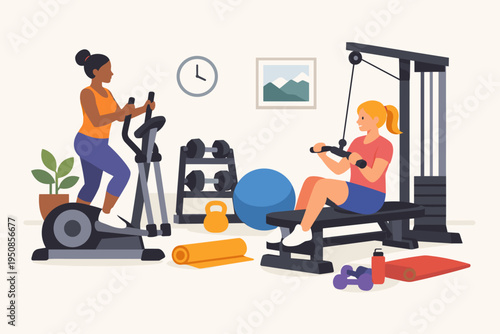 Diverse women exercising in a home gym with fitness equipment like an elliptical trainer, lat pulldown machine, dumbbells, and yoga mats. Flat vector illustration of healthy lifestyle and wellness.