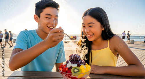 Happy young boy and girl sharing a bowl of cold shaved ice topped with kiwi strawberry and mango at beach boardwalk
