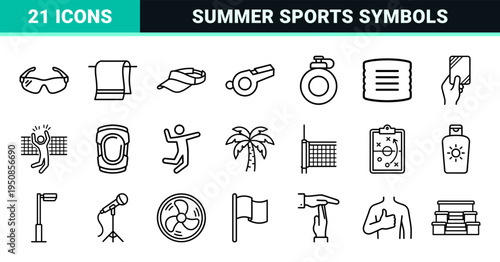 Beach Volleyball Technical Monoline Symbols for Sports Interface Design and Tournament Branding Assets