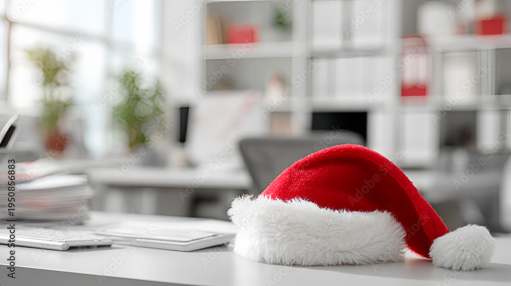 Fototapeta premium Red Santa Hat Placed on White Office Desk with Blurred Workspace Background 