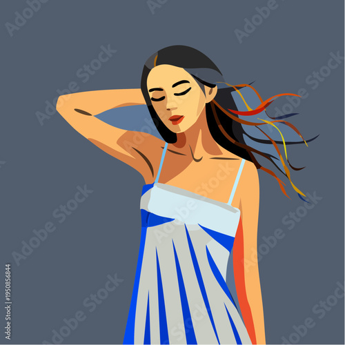 a serene multicolored portrait posed in quiet confidence, capturing refined artistic elegance and the vibrant luxury of contemporary illustration