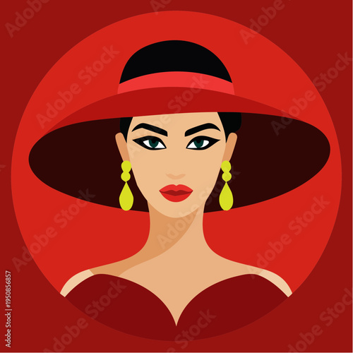 a striking red‑hatted silhouette rendered in bold modern glamour, capturing couture elegance and the polished drama of high‑fashion illustration